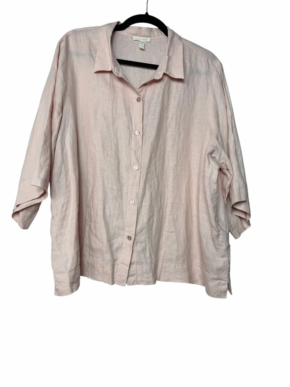Eileen Fisher System Organic Linen Elbow Sleeve Shirt Size XL Pink Boxy Button